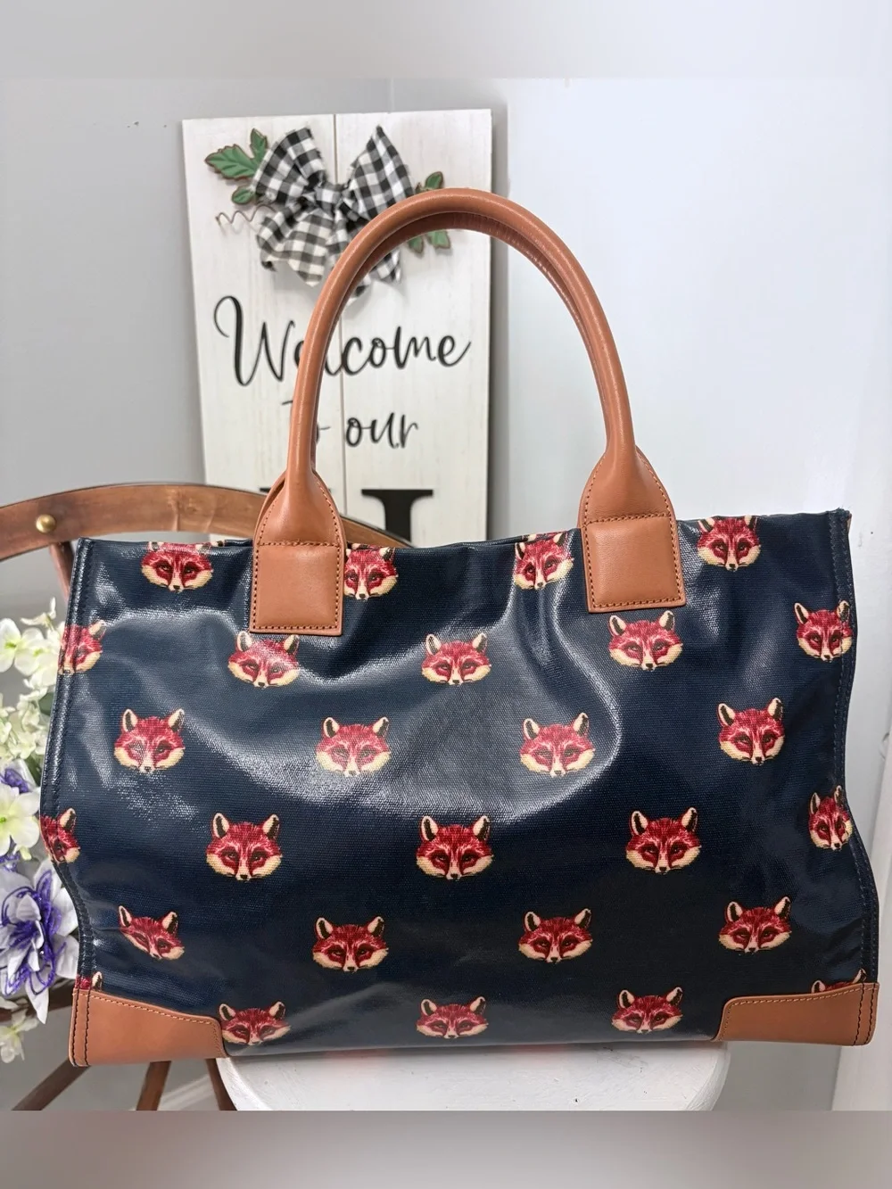 TORY BURCH “Retired” Vintage Navy Large Tote with Brown Trim and Fox Motif Print
